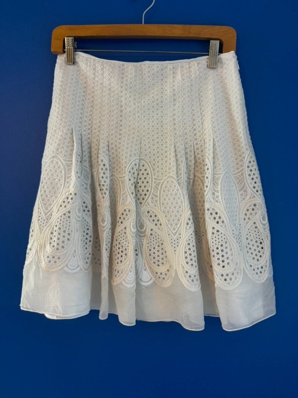 Elie Tahari Women’s White Boho Eyelet Pleated Cotton Silk Blend Mini Midi Skirt